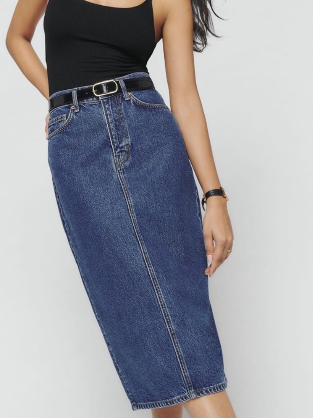 Reformation Dark Blue High-Rise Denim Midi Skirt